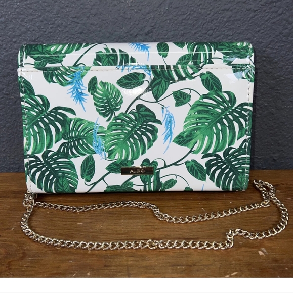 ALDO Palm Leaf Over Shoulder Bag Gold Chain Snap Summer Purse - Picture 2 of 6